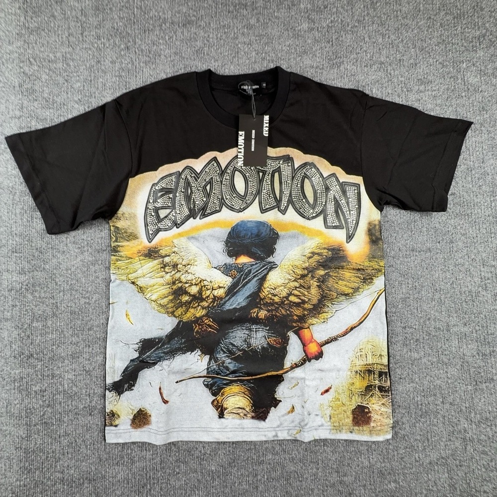 Mixed Emotion Shirt Mens Small Black Angel Wings Graphic Tee Fantasy Logo Art